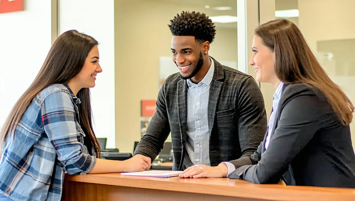 Loan officer consulting with community member at a local bank branch